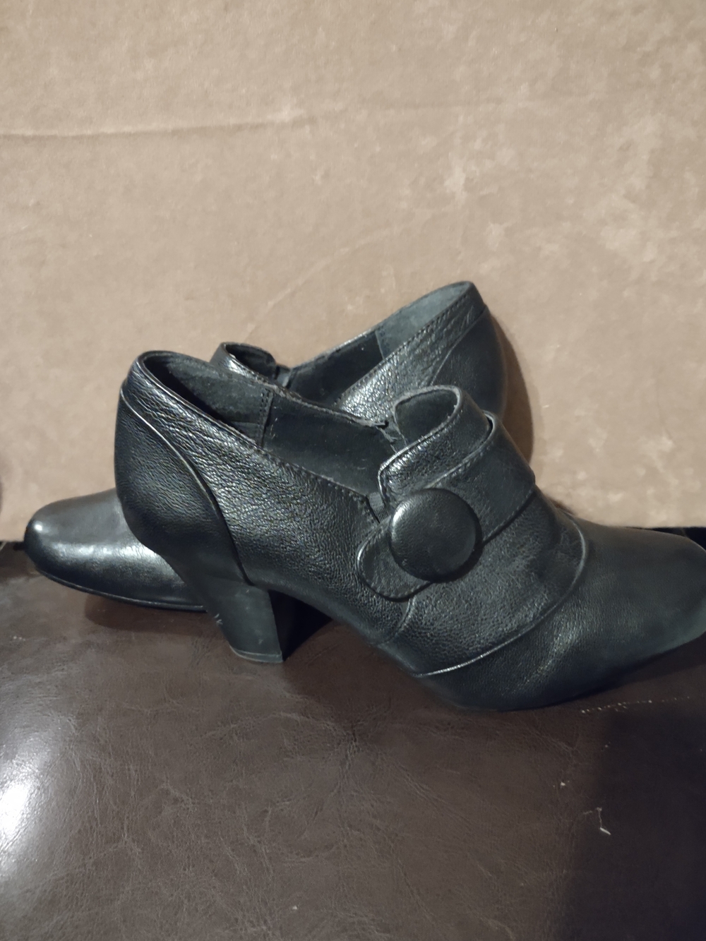 Clarks Black Leather Button Accent Heeled Shoe
